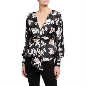 CINQ A SEPT | Yesenia Floral Tie Front Blouse Silk Black V Neck